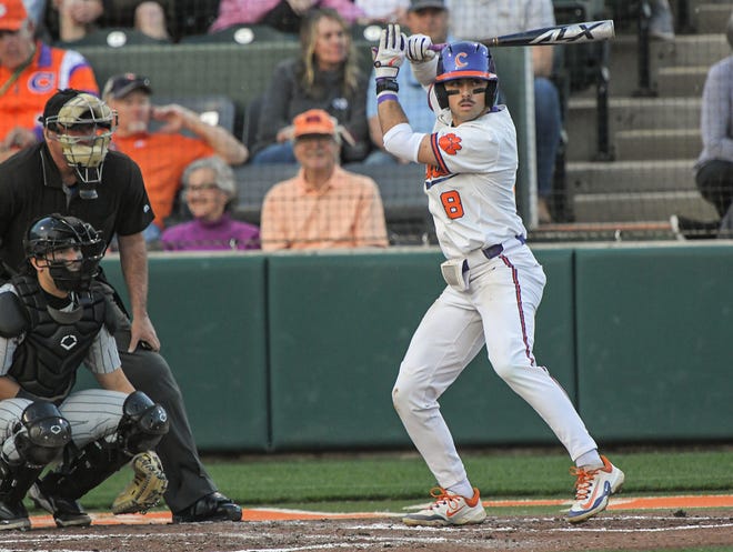 Clemson junior Blake Wright (8) during the bottom of the second inning at Doug Kingsmore Stadium in Clemson Thursday, March 30, 2023.