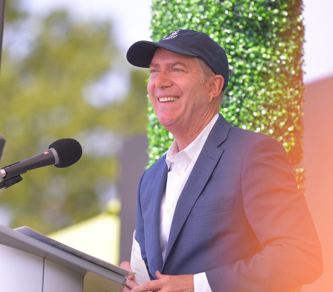 Unity Park held its grand opening on downtown Greenville's west side, Thursday morning, May 19, 2022. Greenville Mayor Knox White speaks during the grand opening ceremony.