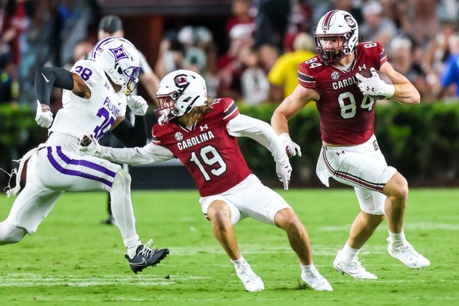 Sep 9, 2023; Columbia, South Carolina, USA; South Carolina Gamecocks tight end Nick Elksnis (84) runs after the catch against the Furman Paladins during the second half at Williams-Brice Stadium. Mandatory Credit: Jeff Blake-USA TODAY Sports