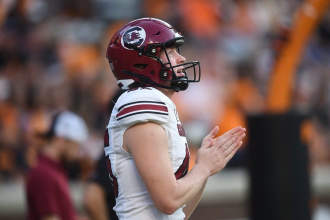 South Carolina punter William Joyce (45) is seen on the field before a football game between Tennessee and South Carolina at Neyland Stadium in Knoxville, Tenn., on Saturday, Sept. 30, 2023.