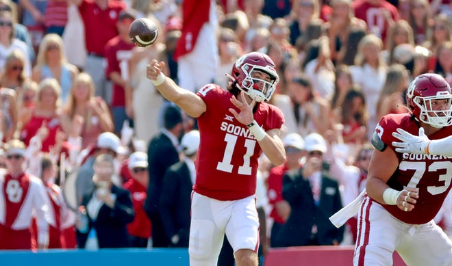 Oct 8, 2022; Dallas, Texas, USA; Oklahoma Sooners quarterback Davis Beville (11) throws during the first half against the Texas Longhorns at the Cotton Bowl. Mandatory Credit: Kevin Jairaj-USA TODAY Sports