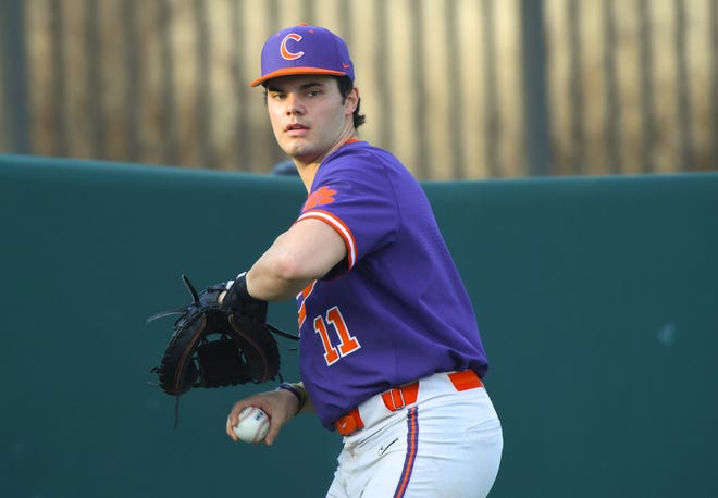 Clemson senior Jimmy Obertop (11) throws during preseason practice at Doug Kingsmore Stadium in Clemson, S.C. Friday, January 26, 2024.