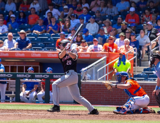 Gamecocks utility Ethan Petry (20) with a two run homer in the top of the third inning against Florida. The Gators ended their six game losing streak with an 11-9 win over the Gamecocks in Game 3 of the weekend series at Condron Family Ballpark in Gainesville, Florida, Sunday, April 14, 2024. [Cyndi Chambers/ Gainesville Sun] 2024