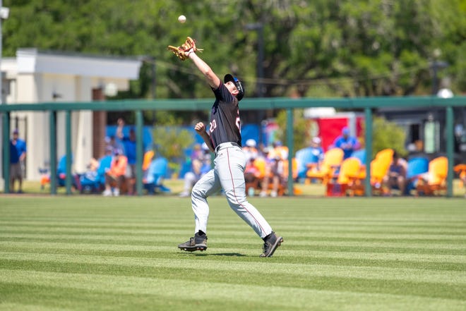 Gamecocks utility Ethan Petry (20) with the catch on Gators catcher Brody Donay (29) pop-up in the bottom of the seventh inning. Florida beat the Gamecocks 11-9 at Condron Family Ballpark in Gainesville, Florida, Sunday, April 14, 2024. [Cyndi Chambers/ Gainesville Sun] 2024