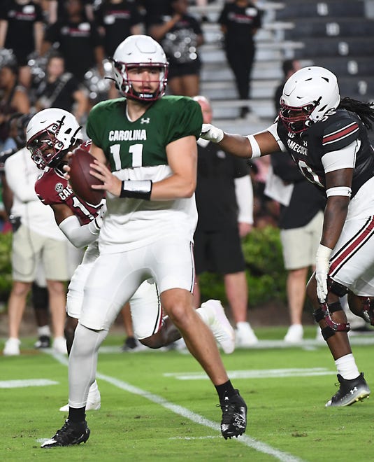 The University of South Carolina Spring football game took place at William-Brice Stadium on April 24, 2024. USC's Davis Deville (11) on a passing play.