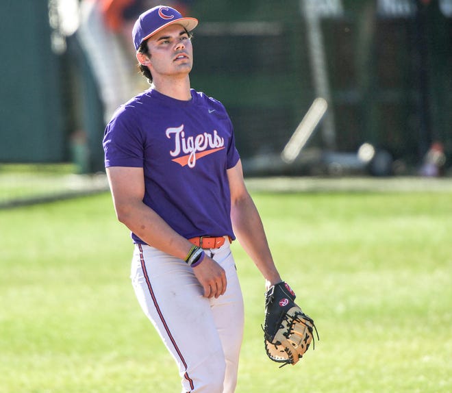 Clemson first baseman Jimmy Obertop during practice at Doug Kingsmore Stadium in Clemson, S.C. Tuesday, February 13, 2024.