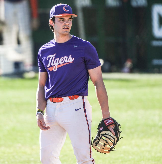 Clemson first baseman Jimmy Obertop during practice at Doug Kingsmore Stadium in Clemson, S.C. Tuesday, February 13, 2024.