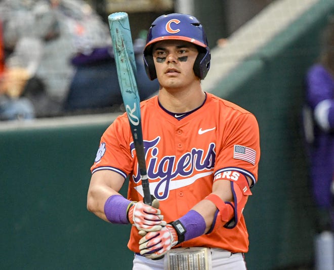 Clemson catcher Jimmy Obertop bats in the game against Xavier at Doug Kingsmore Stadium in Clemson, S.C. Friday, February 16, 2024.