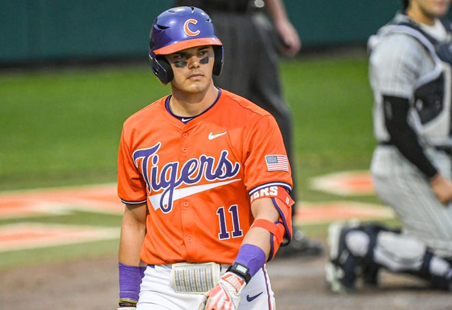 Clemson catcher Jimmy Obertop in the game against Xavier at Doug Kingsmore Stadium in Clemson, S.C. Friday, February 16, 2024.