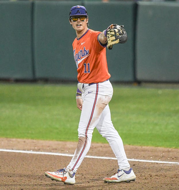 Clemson first baseman Jimmy Obertop during the top of the seventh inning in the game with Xavier at Doug Kingsmore Stadium in Clemson Friday, February 16, 2024.