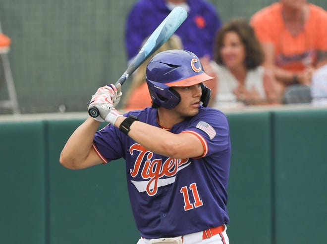 Clemson senior Jimmy Obertop (11) bats against Georgia Tech during the bottom of the seventh inning of game 2 at Doug Kingsmore Stadium in Clemson Friday, May 3, 2024.