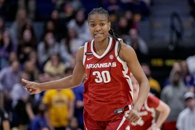 Jan 21, 2024; Baton Rouge, Louisiana, USA; Arkansas Razorbacks forward Maryam Dauda (30) celebrates a three point basket during the second half against the LSU Lady Tigers at Pete Maravich Assembly Center.