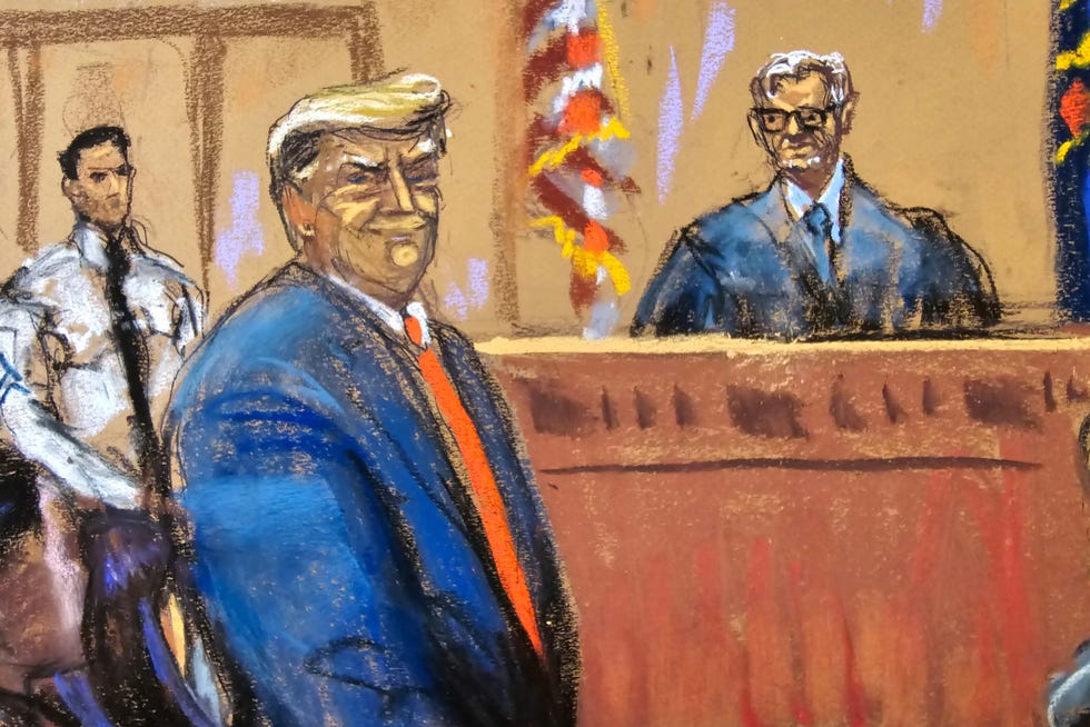 Former U.S. President Donald Trump smiles to the jury pool as he is introduced to them, at the beginning of his trial before Justice Juan Merchan over charges that he falsified business records to conceal money paid to silence porn star Stormy Daniels in 2016, in Manhattan state court in New York City, U.S. April 15, 2024 in this courtroom sketch.