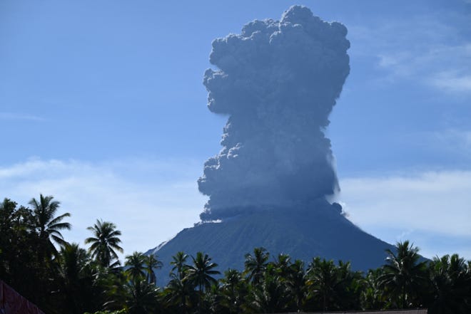 May 13, 2024: A handout photo taken and released by the Center for Volcanology and Geological Hazard Mitigation (PVMBG) shows Mount Ibu spewing thick smoke in Indonesia's North Maluku Province.