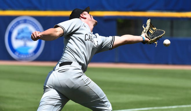 May 21 2024; Hoover, AL, USA; South Carolina first baseman Ethan Petry can’t reach a tricky pop up behind first in foul territory during the game with Alabama at the Hoover Met on the opening day of the SEC Tournament.