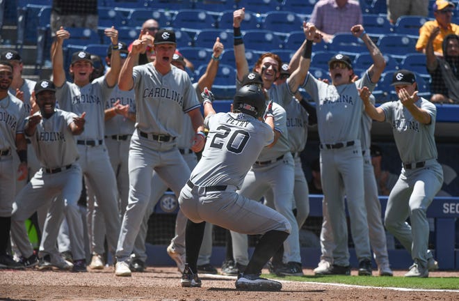 May 21 2024; Hoover, AL, USA; South Carolina hitter Ethan Petry celebrates his solo homer in the third inning agains Alabama at the Hoover Met on the opening day of the SEC Tournament. The Gamecocks hit three homers in the inning including a grand slam.