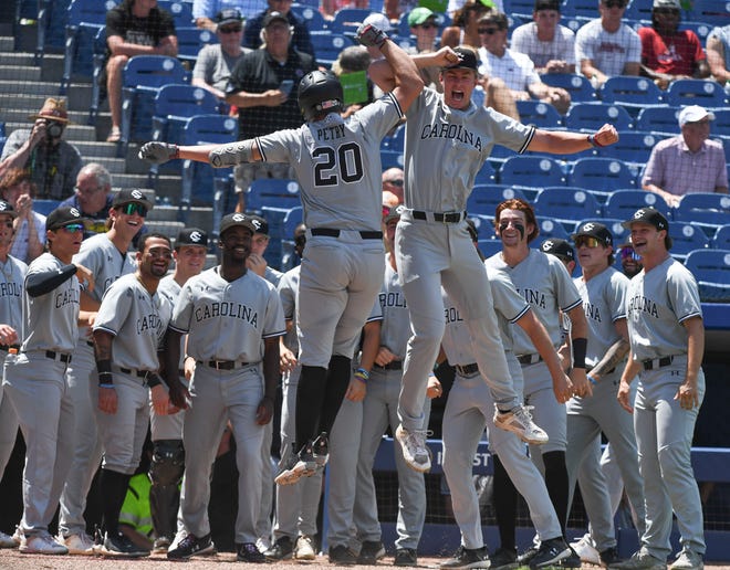 May 21 2024; Hoover, AL, USA; South Carolina hitter Ethan Petry celebrates his solo homer in the third inning agains Alabama at the Hoover Met on the opening day of the SEC Tournament. The Gamecocks hit three homers in the inning including a grand slam.