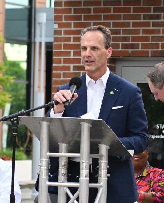 TD Bank's David Lominack at the unveiling of the sculpture “Tandem Lovers,” created by Australian artists Gillie and Marc Schattner, was presented to the City of Greenville as a gift from the Artisphere festival. The downtown arts extravaganza is celebrating its 20th anniversary in 2024. This is the fifth work that the festival has given to the city.