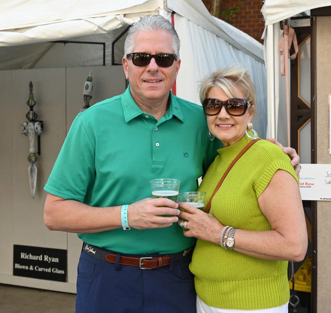 Leann and Max Henderson at the unveiling of the sculpture “Tandem Lovers,” created by Australian artists Gillie and Marc Schattner, was presented to the City of Greenville as a gift from the Artisphere festival. The downtown arts extravaganza is celebrating its 20th anniversary in 2024. This is the fifth work that the festival has given to the city.