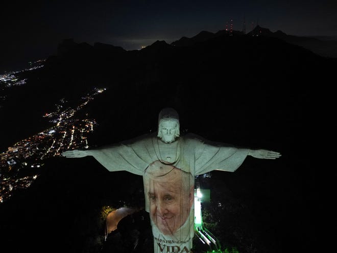 May 23, 2024: A picture of Pope Francis is projected on the Christ The Redeemer statue to launch his new book in Rio de Janeiro, Brazil, on May 23, 2024.