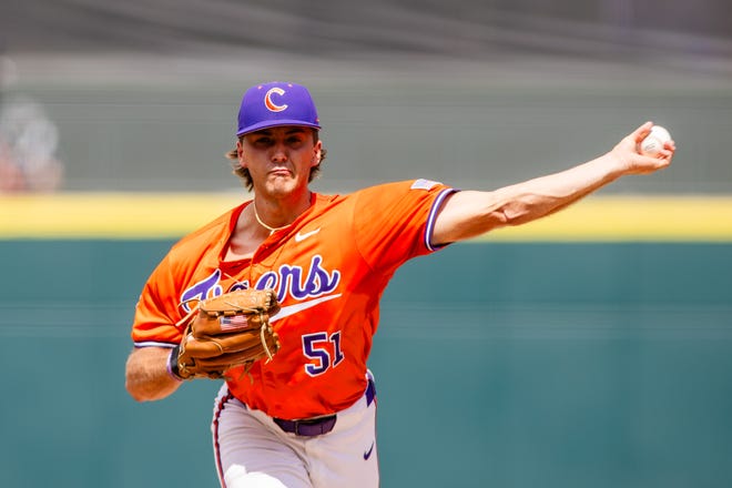 May 24, 2024; Charlotte, NC, USA; Clemson Tigers pitcher Rocco Reid (51) starts against the Louisville Cardinals during the ACC Baseball Tournament at Truist Field. Mandatory Credit: Scott Kinser-USA TODAY Sports