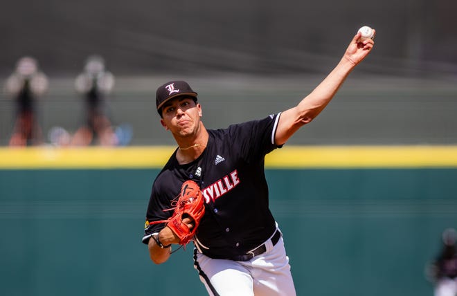 May 24, 2024; Charlotte, NC, USA; Louisville Cardinals pitcher Sebastian Gongora (26) starts against the Clemson Tigers during the ACC Baseball Tournament at Truist Field. Mandatory Credit: Scott Kinser-USA TODAY Sports