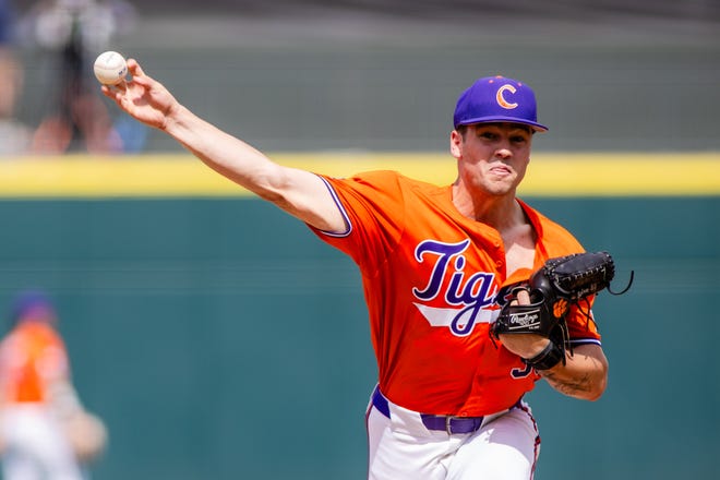 May 24, 2024; Charlotte, NC, USA; Clemson Tigers pitcher Billy Barlow (30) pitches in the second inning against the Louisville Cardinals during the ACC Baseball Tournament at Truist Field. Mandatory Credit: Scott Kinser-USA TODAY Sports