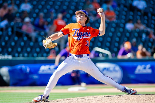 May 24, 2024; Charlotte, NC, USA; Clemson Tigers pitcher Jacob McGovern (31) starts off the sixth inning against the Louisville Cardinals during the ACC Baseball Tournament at Truist Field. Mandatory Credit: Scott Kinser-USA TODAY Sports