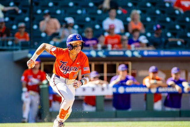 May 24, 2024; Charlotte, NC, USA; Clemson Tigers outfielder Cam Cannarella (10) runs to first in the sixth inning against the Louisville Cardinals during the ACC Baseball Tournament at Truist Field. Mandatory Credit: Scott Kinser-USA TODAY Sports