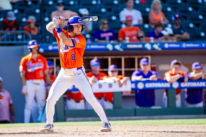 May 24, 2024; Charlotte, NC, USA; Clemson Tigers infielder Blake Wright (8) steps up to the plate in the sixth inning against the Louisville Cardinals during the ACC Baseball Tournament at Truist Field. Mandatory Credit: Scott Kinser-USA TODAY Sports