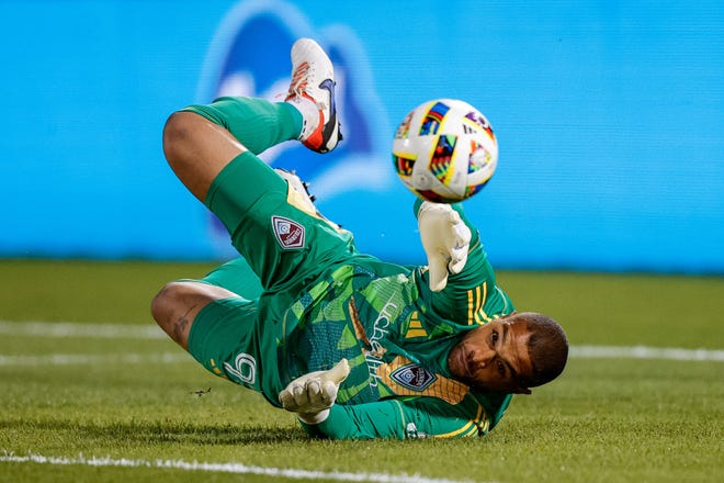 May 25, 2024 : Colorado Rapids goalkeeper Zack Steffen makes a save in the first half against Minnesota United at Dick's Sporting Goods Park.