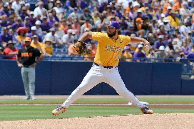 May 26 2024; Hoover, AL, USA; LSU pitcher Nate Ackenhausen (30) starts the game for the Tigers against Tennessee at the Hoover Met during the championship game of the SEC Tournament.