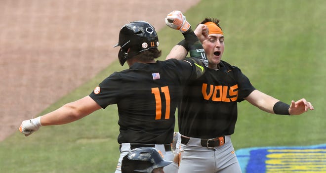 May 26 2024; Hoover, AL, USA; Tennessee batter Billy Amick (11) celebrates after hitting a three-run homer against LSU at the Hoover Met during the championship game of the SEC Tournament.