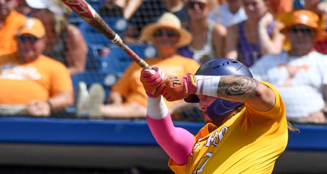 May 26 2024; Hoover, AL, USA; LSU batter Tommy White (47) connects for a double against Tennessee at the Hoover Met during the championship game of the SEC Tournament.