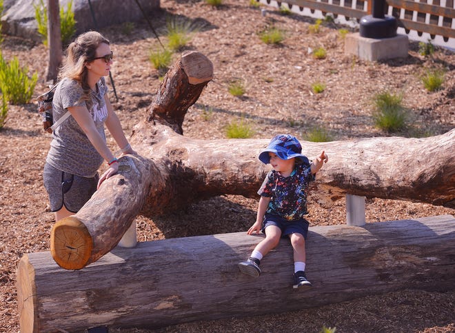 Unity Park held its grand opening on downtown Greenville's west side, Thursday morning, May 19, 2022. Kelsea Woodward with her son William, 3, enjoy the park features.