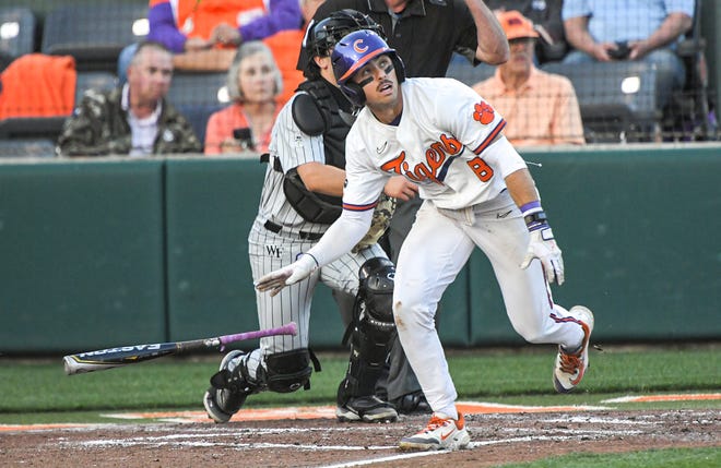 Clemson junior Blake Wright bats against Wake Forest University during the bottom of the second inning at Doug Kingsmore Stadium in Clemson Thursday, March 30, 2023.