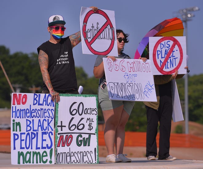 Unity Park held its grand opening on downtown Greenville's west side, Thursday morning, May 19, 2022. Protestors at the park Thursday.