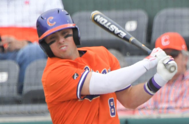 Clemson junior Blake Wright (8) bats against Louisville during the bottom of the second inning at Doug Kingsmore Stadium in Clemson Friday, May 5, 2023.