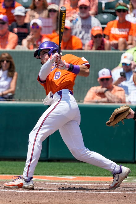 Jun 2, 2023; Clemson, SC, USA; Clemson infielder Blake Wright (8) at bat during the NCAA Baseball Regionals at Clemson University. Mandatory Credit: Jim Dedmon-USA TODAY Sports